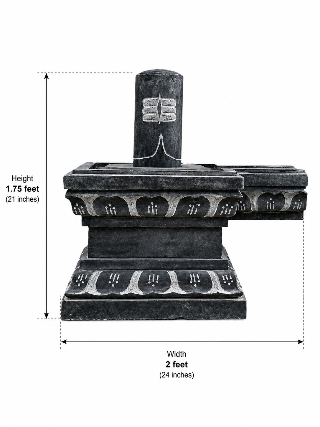 Dimension guide for a hand-carved Shiva Lingam in polished black stone showing height and width on a white background.