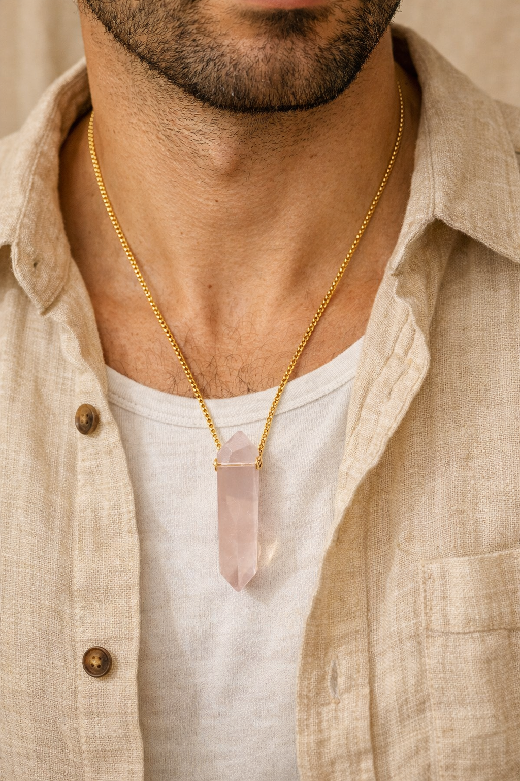 man wearing rose quartz bullet pendant minimal jewelry